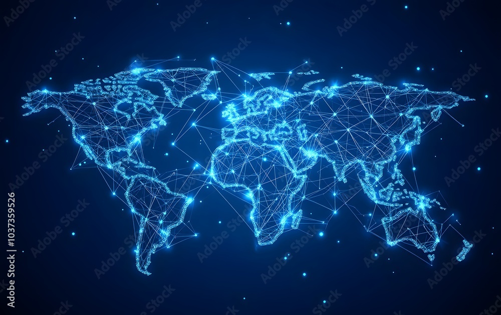 Poster A glowing, digital map showcasing a network of connections across the globe against a dark background, symbolizing connectivity and technology.