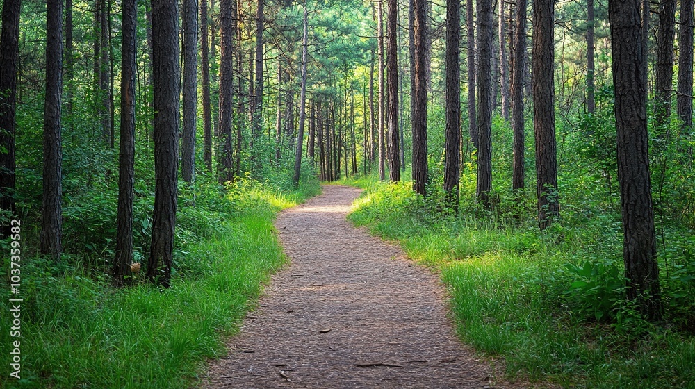 Poster Serene Forest Path with Lush Green Surroundings