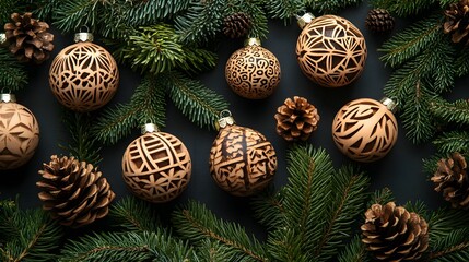Wooden Christmas Ornaments with Pine Branches and Cones