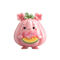 Fototapeta premium Cute Pink Cartoon Character Holding Watermelon and Bacon