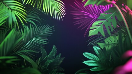 Tropical leaves with neon lighting in a dark background.