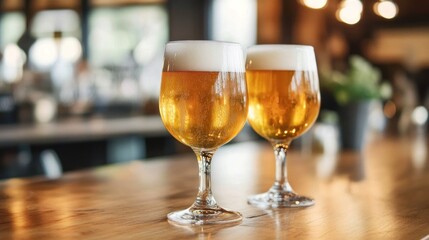 Two Glasses of Beer on a Bar Counter