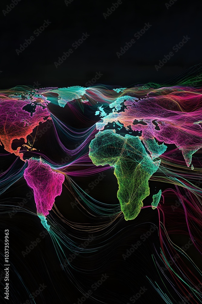 Leinwandbilder a vibrant, digital world map displaying colorful, flowing lines representing global connections and 