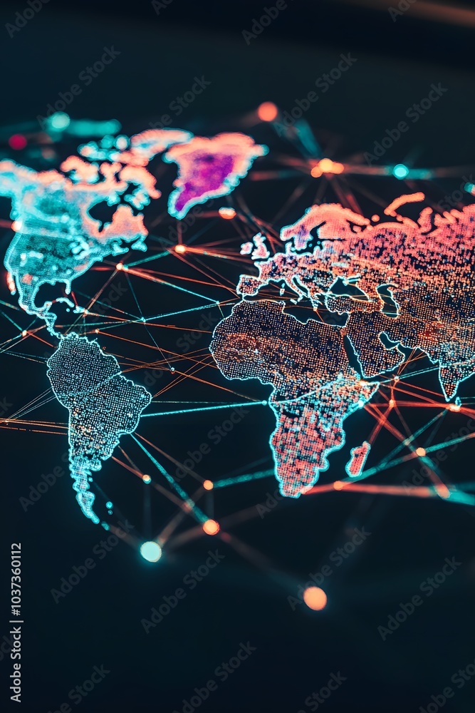 Fototapete a colorful, digital map of the world with interconnected nodes and lines, representing connectivity 