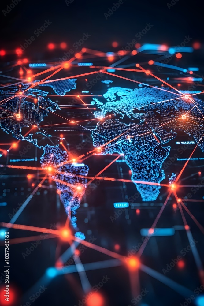 Aufkleber a digital depiction of a connected world map, showcasing vibrant network nodes and lines, symbolizin