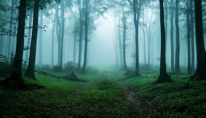 Obraz premium Fog In Spooky Forest, serene forest landscape, Atmospheric fantasy forest - generative ai