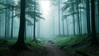 Obraz premium Fog In Spooky Forest, serene forest landscape, Atmospheric fantasy forest - generative ai