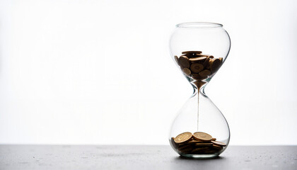 Hourglass with coins instead of sand on minimalist background