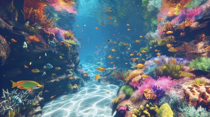 Fototapeta premium Underwater coral reef scene with vibrant marine life and colorful fish swimming amongst the coral structures
