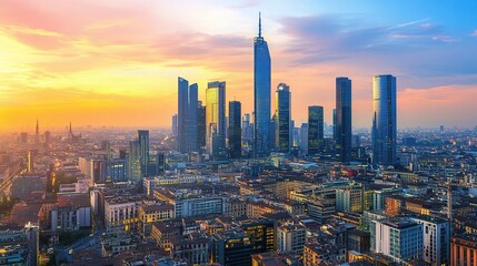 Obraz premium Urban Skyline at Sunset with Modern Architecture