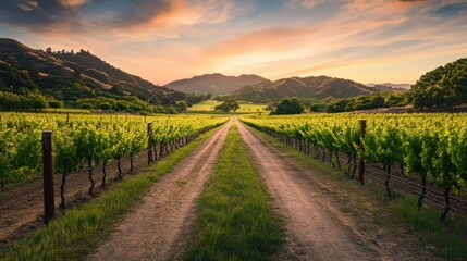 Naklejka premium Sunset Vineyard Path