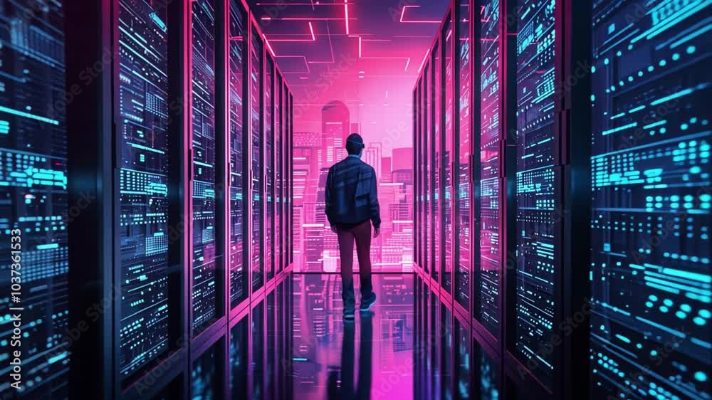 Poster A person with a backpack strides through a data center corridor, surrounded by brightly lit servers. The environment features vivid pink and blue colors, creating a futuristic atmosphere.