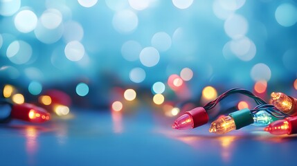 Festive String of Christmas Lights with a Blue Bokeh Background
