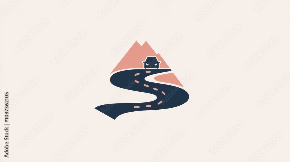 Aufkleber a small, minimalist car is depicted driving along a twisting road with mountains in the background, 