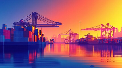 Vibrant Sunset Over a Busy Shipping Port