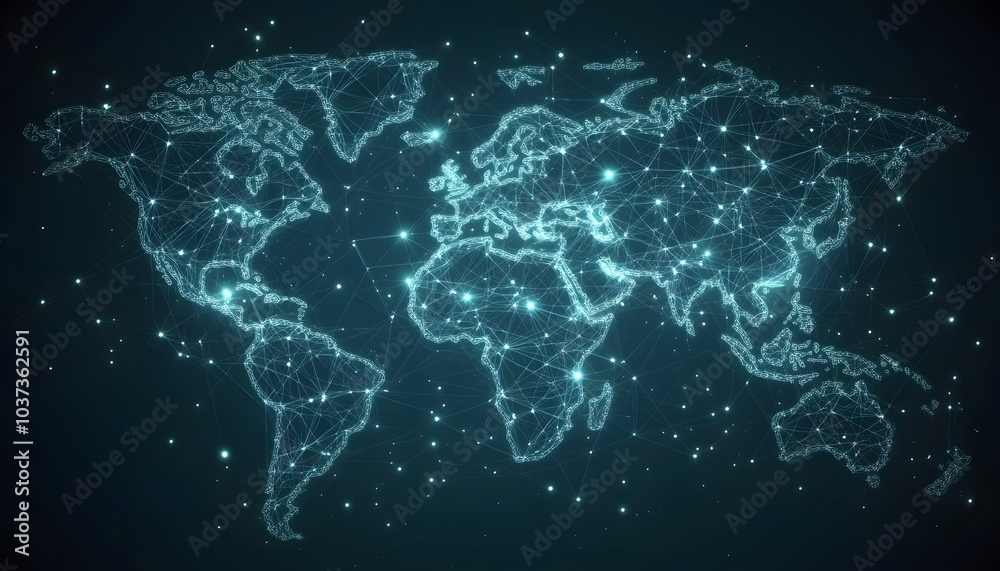 Aufkleber A digital map visualizing global connectivity with glowing points representing cities and networks across a dark background.