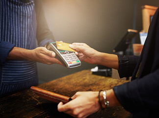 Woman, credit card and hand of consumer for nfc payment, leather store and cashier for transaction. People, commercial sale and electronic machine for tap charge, shopping market and transfer process