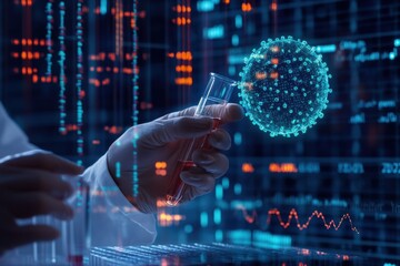 A scientist analyzes data while holding a test tube, with a digital representation of a virus in a high-tech lab environment.