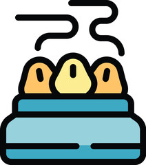 This colorful icon depicts a steamer basket with three steaming hot buns, ideal for food related projects