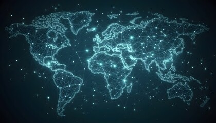 A digital map visualizing global connectivity with glowing points representing cities and networks across a dark background.