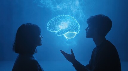 A young man and woman stand in silhouette against a blue background, a glowing digital brain hovering between them, as they gaze at it intently.