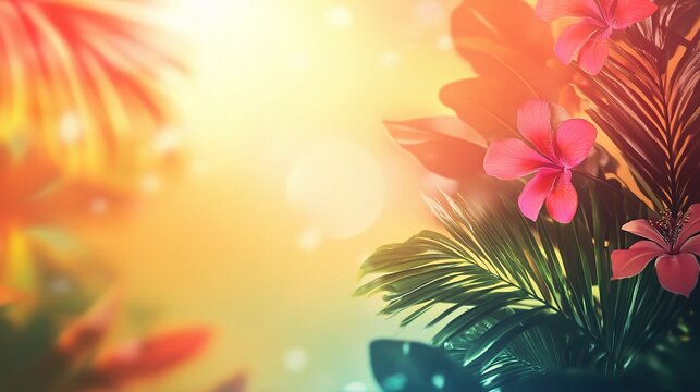 Vibrant Tropical Background with Flowers and Foliage