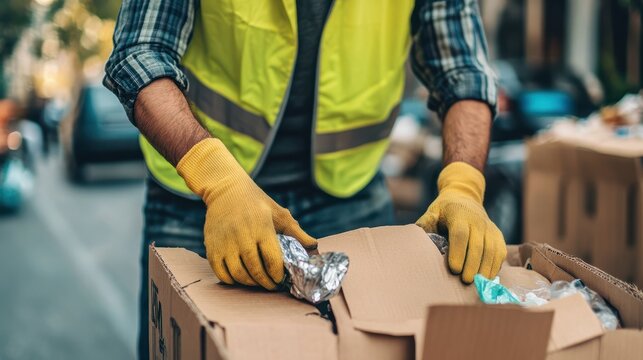 A man in a yellow vest and gloves sorts waste on a piece of cardboard promoting eco conscious practices