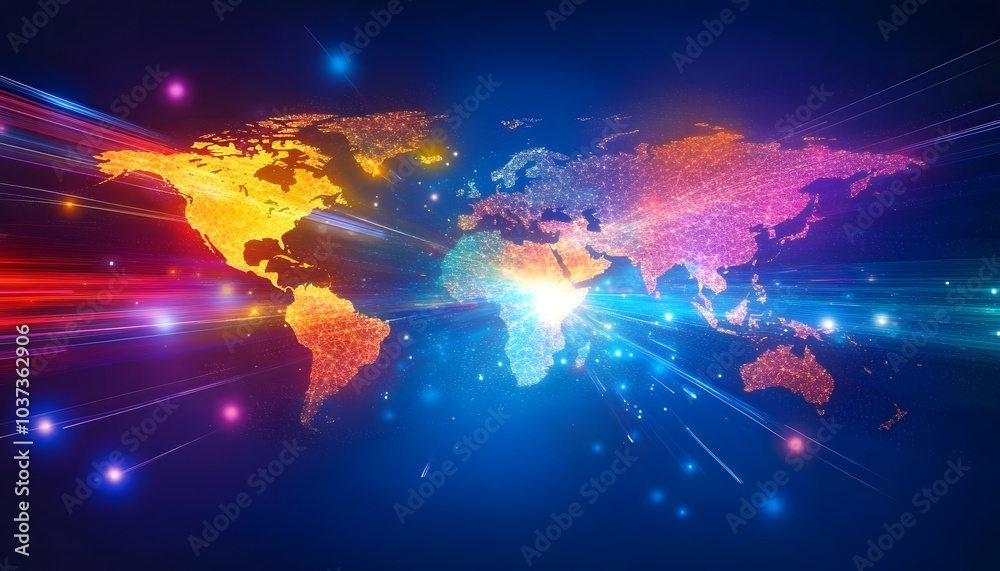 Aufkleber a colorful, digital representation of a world map, featuring vibrant light trails and glowing points