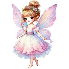 Fairy with pastel wings and floral crown wearing a white dress. Watercolor sticker isolated on transparent background.