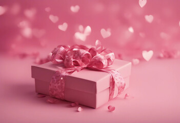 8 made of ribbon hearts and gift box on pink background