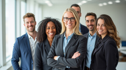 Obraz premium Diverse Group of Professional Business Team in Bright Office Environment - Leadership, Teamwork, and Collaboration