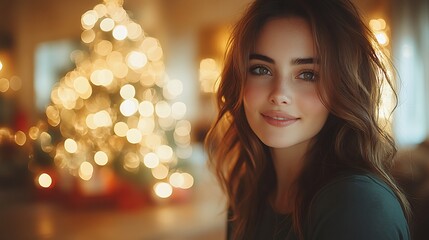 Fototapeta premium Brunette woman in a casual dark green t-shirt, standing in a minimalist living room with white Christmas lights and a decorated tree