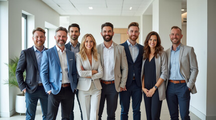 Fototapeta premium Diverse Group of Professional Business Team in Bright Office Environment - Leadership, Teamwork, and Collaboration