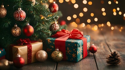 Christmas Tree Ornaments and Wrapped Gifts Under Bokeh Lights