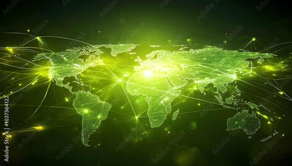Fototapete A glowing green world map with illuminated connections, representing global networking and digital communication.