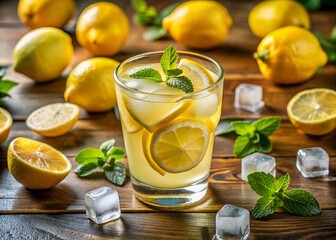 Fototapeta premium Refreshing Lemon Squash in Glass with Ice and Fresh Lemon Slices - High-Resolution Panoramic Photography