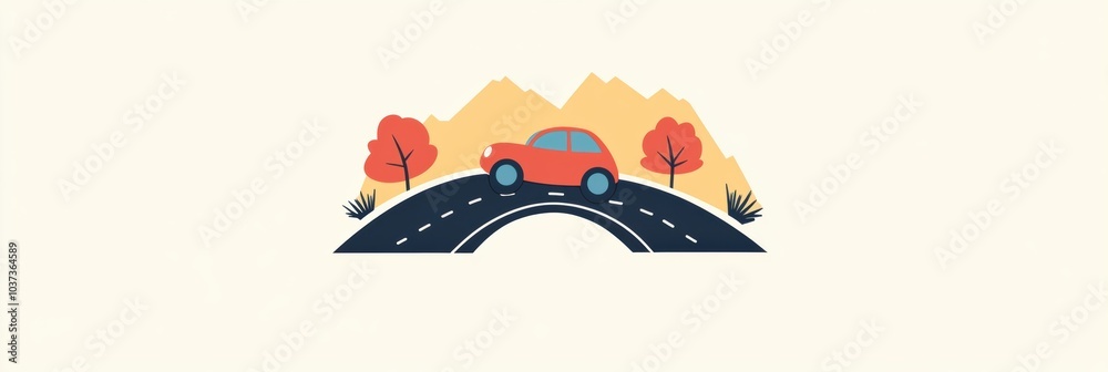 Aufkleber a small, simple car drives along a curvy road flanked by colorful trees and mountains under a clear 