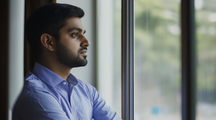 Fototapeta premium A thoughtful portrait of an Indian businessman looking out the window, contemplating strategies for growth, emphasizing introspection and planning.