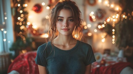 Woman standing in a light white living room, wearing a dark heather green t-shirt and jeans, surrounded by Christmas decorations, including a red blanket and white lights