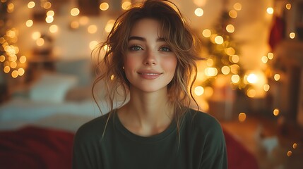 Woman wearing an oversized dark green t-shirt, standing in a minimal white living room with Christmas lights and decorations, including a red blanket