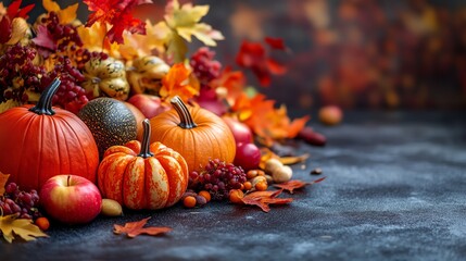 Colorful autumn arrangement with pumpkins, apples, and vibrant fall leaves.