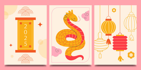 Set of Chinese New Year card templates. Year of the snake. Set of posters, postcards in flat style