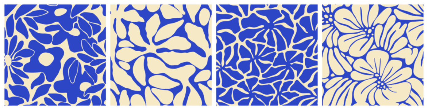 Abstract blue flower art seamless pattern set. Trendy contemporary floral nature shape background illustration. Natural organic plant leaves artwork wallpaper print collection. Vintage spring texture.