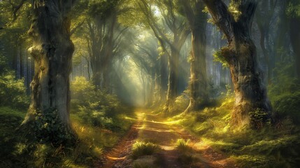 Obraz premium Sunlight streams through lush forest canopy creating a magical, inviting, and serene pathway scene