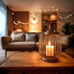 a cozy living room scene featuring a vintage lamp on a wooden side table with soft lighting creating a warm atmosphere in the background blurred furniture and ambient light add to the inviting feel