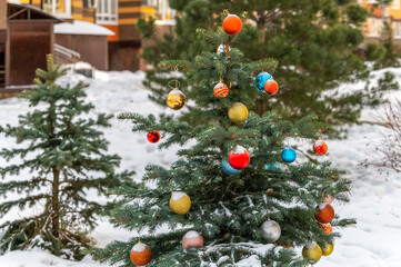 Toys on the Christmas tree that stands on the street in the yard