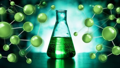 a glass flask with green liquid surrounded by blurred green molecules