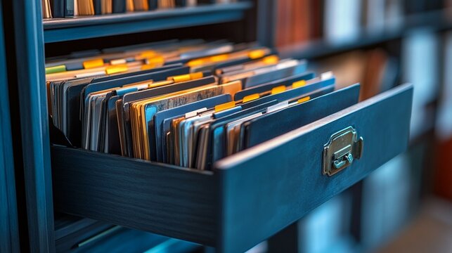 A file cabinet overflowing with folders, demonstrating the principles of metadata tagging and taxonomy in digital data organization.