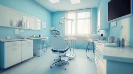 Blurred dentist office interior with empty chair, dental instruments, modern clinic room, professional healthcare setting, oral care equipment
