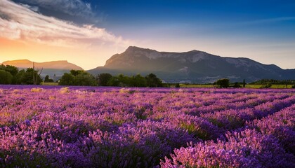 captivating lavender field illuminated by the warm sunset light casting a purple hue over the blooming flowers and majestic mountains in the distance